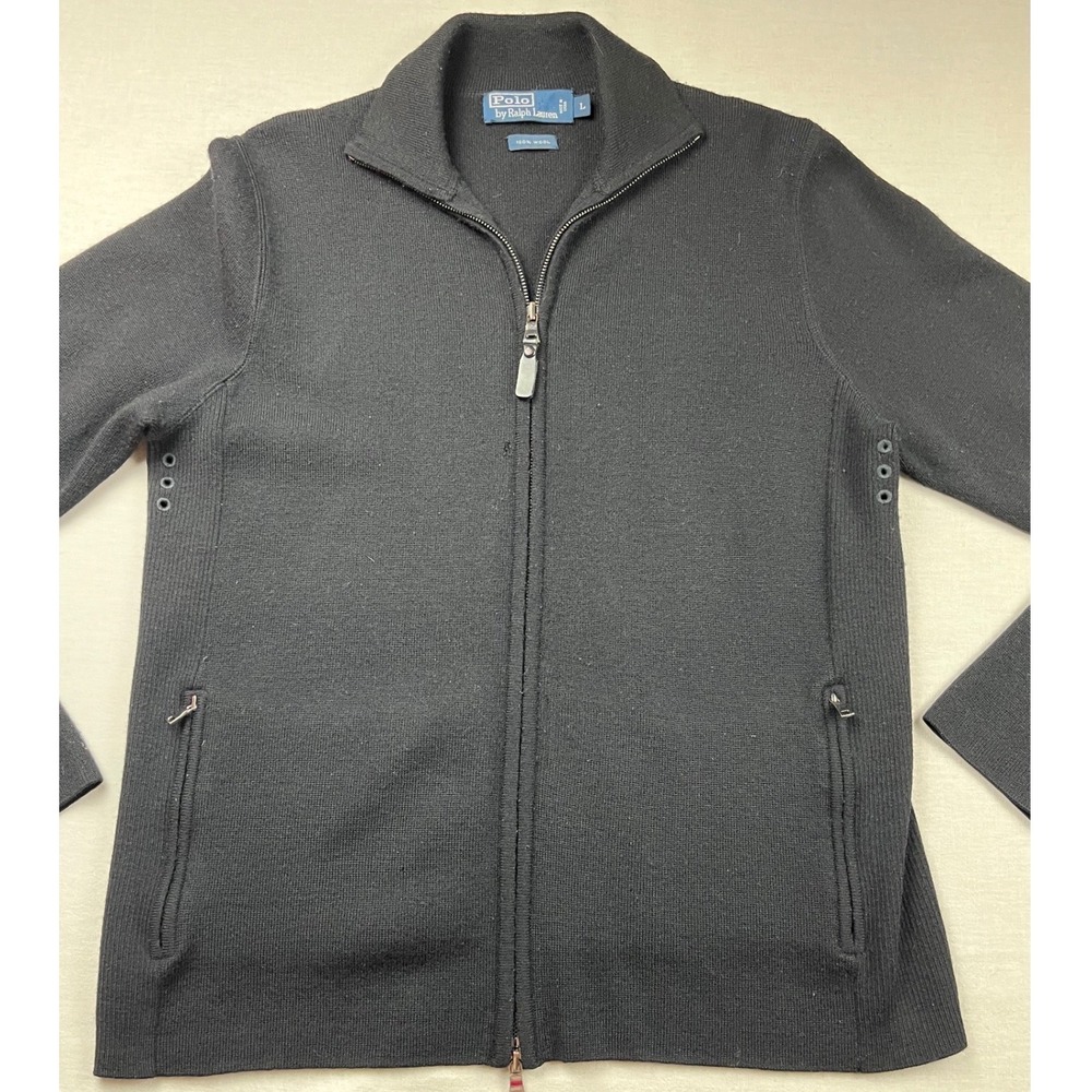 Polo Ralph Lauren Mens Large Full Zip 100% Wool Sweater Black Mock Neck 0254